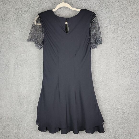 VTG Jeffrey Dara Tom Barra 8 Rhinestone Lace Sleeve Black Dress 90s Flared Y2K - Picture 12 of 16